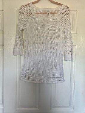 White House Black Market White Open-Knit Crewneck Sweater